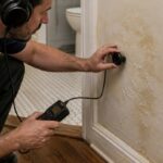 Plumber using an acoustic leak detection device to inspect a water-stained wall in a Salem, OR home