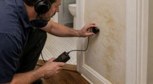 Plumber using an acoustic leak detection device to inspect a water-stained wall in a Salem, OR home