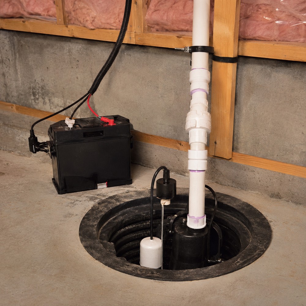 Sump pump and discharge piping in the basement of an older Salem home