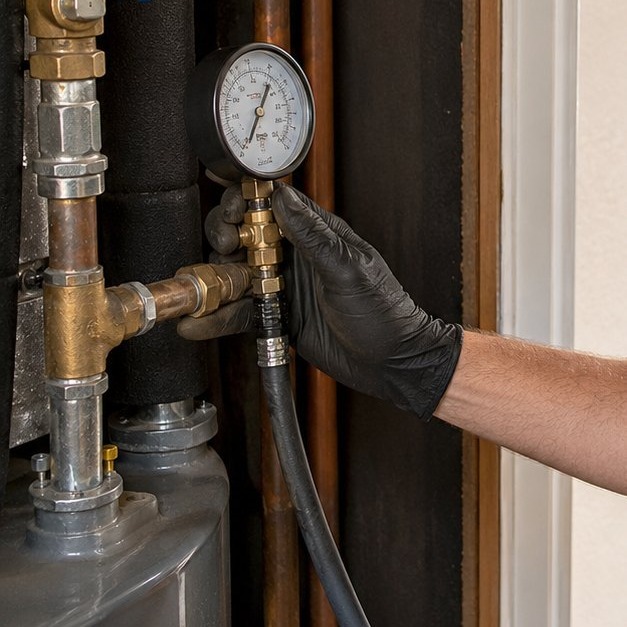 Copper supply piping and pressure gauge in a Keizer home