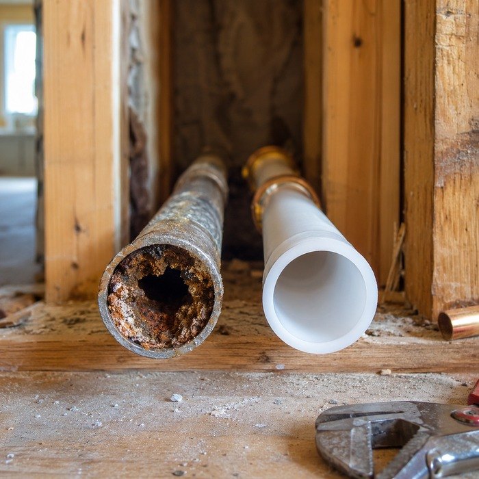 Cross-section of a corroded galvanized steel pipe next to a new clean pipe