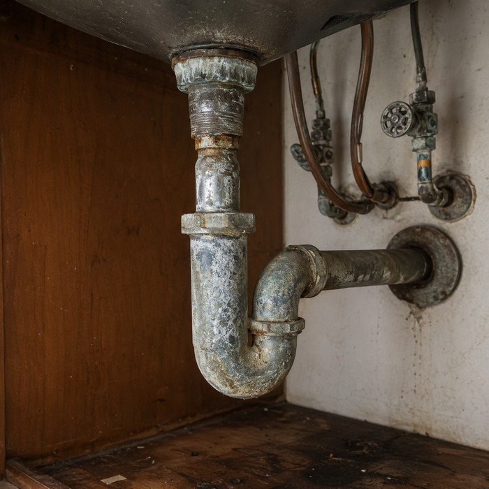 Corroded galvanized steel sink supply and drain piping under a sink in an older home