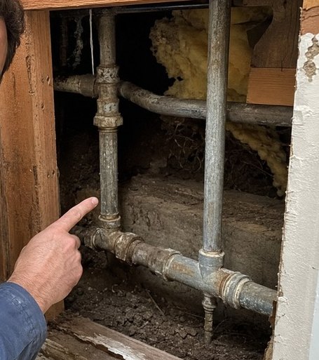 Galvanized steel supply pipes inside an opened wall in an older Salem home
