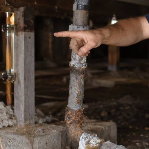 Galvanized steel supply pipe in a home crawl space