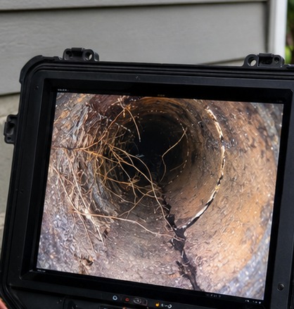 Plumbing inspection camera screen showing the inside of a pipe
