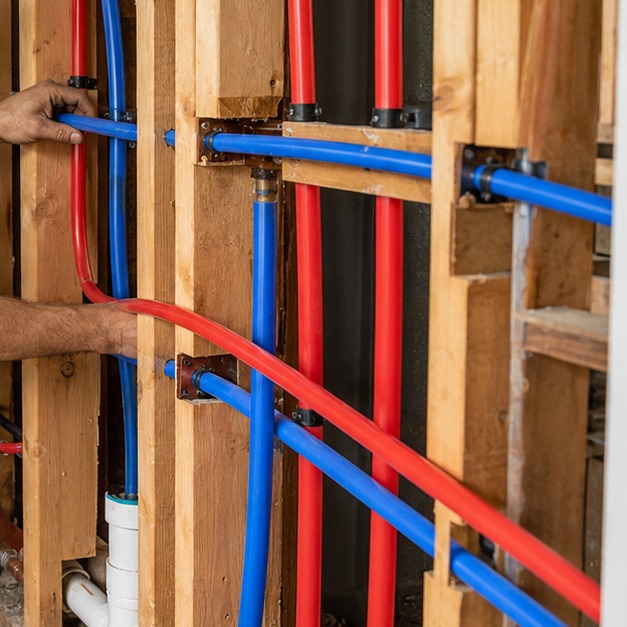 New red and blue PEX supply lines running through open wall studs