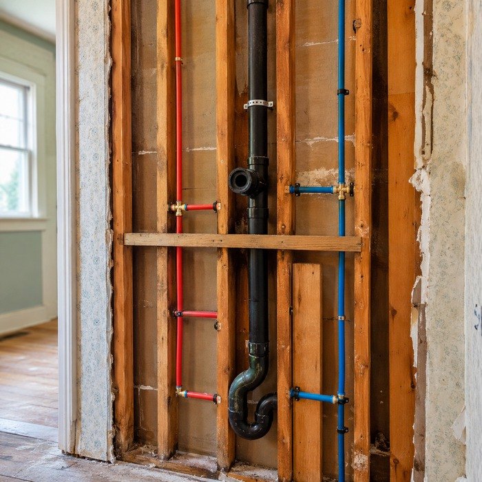 Opened wall cavity showing new red and blue PEX supply lines beside a black drain pipe