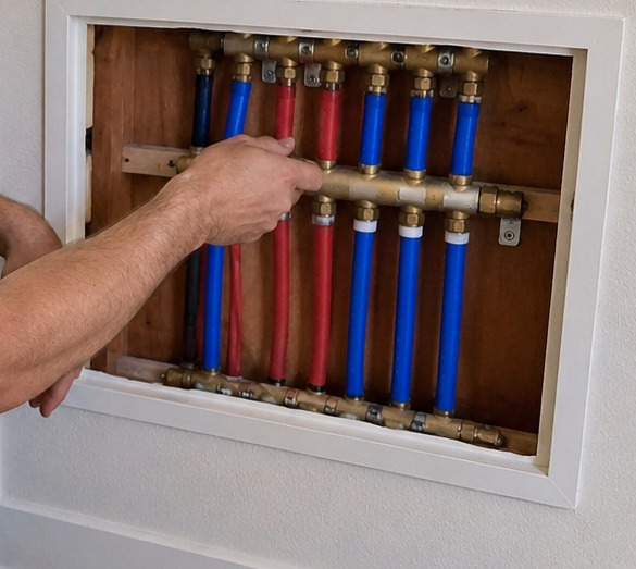 Red and blue PEX water supply manifold inside a wall cabinet