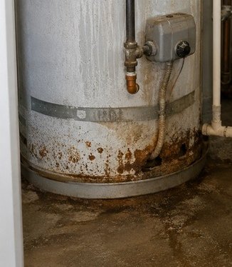 Corrosion and rust stains at the base of an older water heater